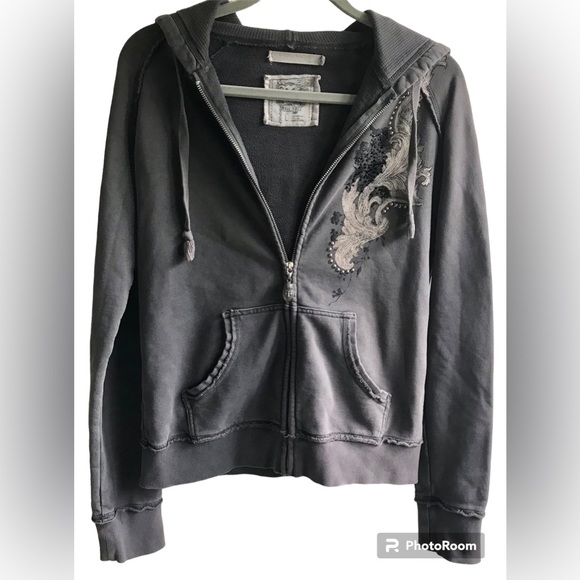 MM UNPLUGGED BEADED RHINESTONE EMBELLISHED GRAPHIC ZIP UP HOODIE - Picture 2 of 12